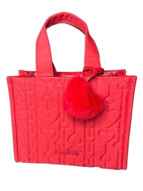 Betsey Johnson Red Quilted Heart Tote with Pom